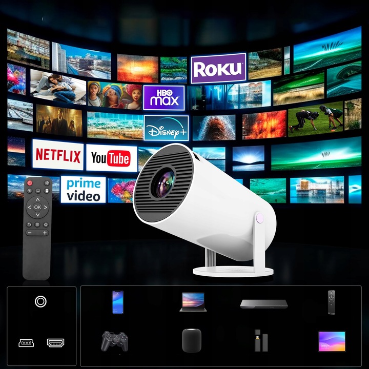 PROJEKTOR HY300 PRO 2025 WERSJA 4K WIFI PRZENOŚNY SMART ANDROID TV RZUTNIK