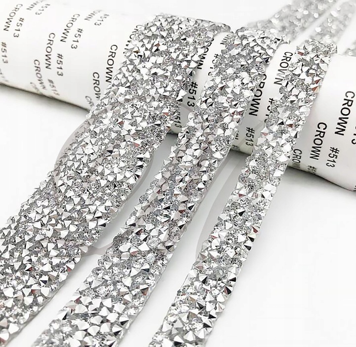 TAŚMA TERMO 1m ozdobna cyrkonie hotfix termoprzylepna cyrkoniami srebrna