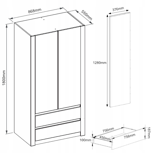 Szafa garderoba 90cm 2d 2sz biała B-20