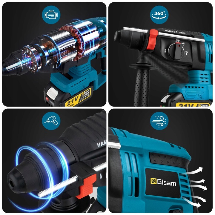 Bezszczotkowa młotowiertarka/wkrętarka udarowa SDS-PLUS, zestaw 2