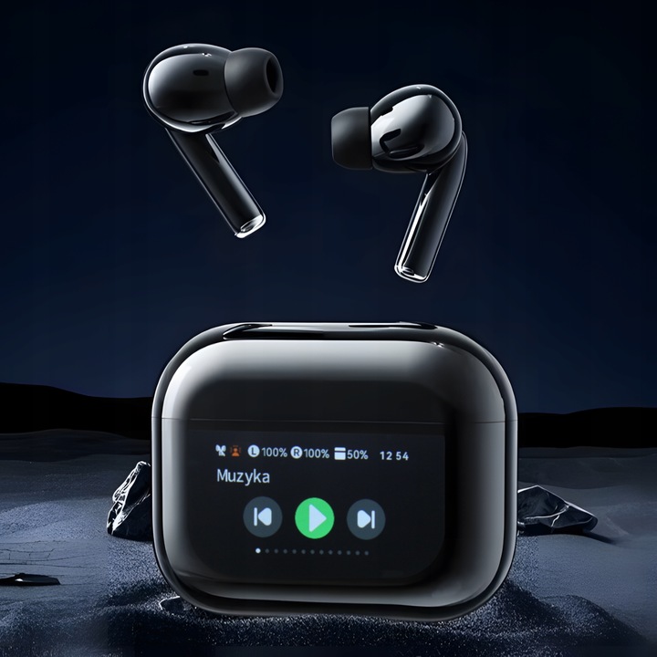 Słuchawki Bezprzewodowe Douszne PRO Lekkie ANC Mikrofon Czarne Wyświetlacz