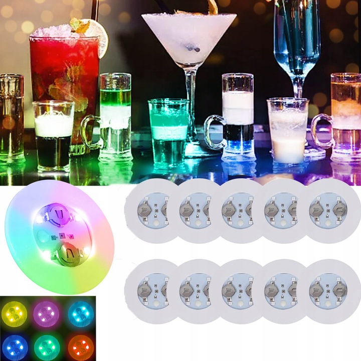 Podstawka Naklejka LED pod Butelkę Szklankę Kubek Zestaw 10 szt.