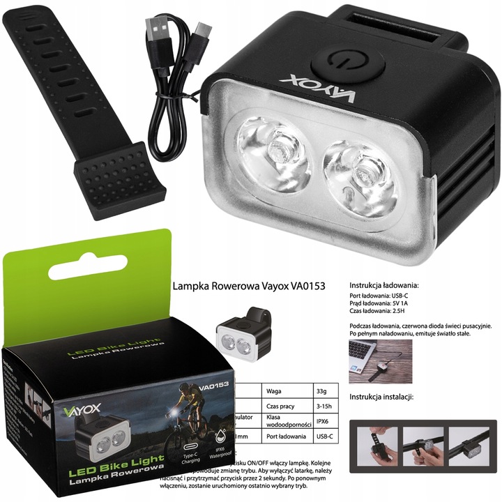 LAMPKA ROWEROWA PRZÓD NA KIEROWNICE ŚWIATŁO LED OŚWIETLENIE ROWER USB VAYOX