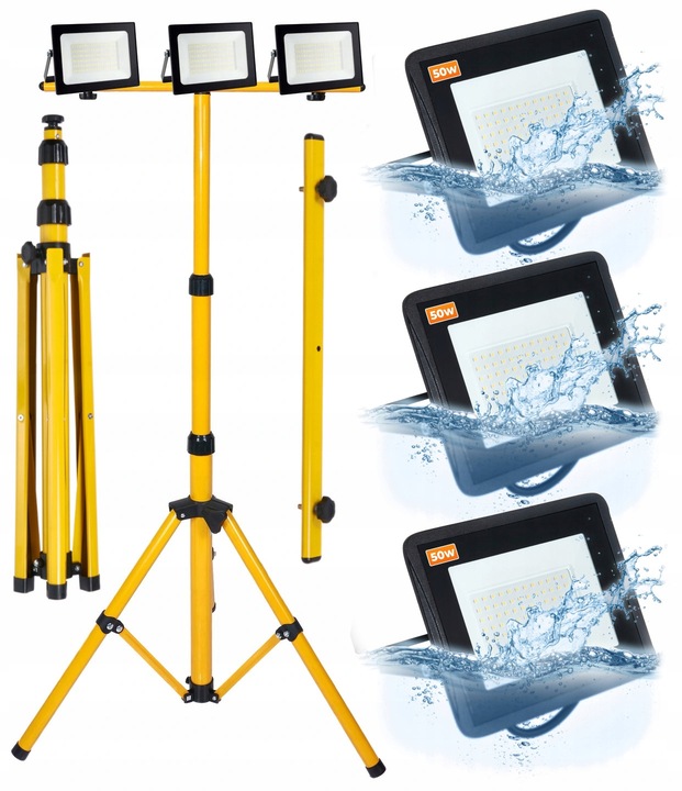 Naświetlacz Halogen LED 3x 50W + statyw budowlany