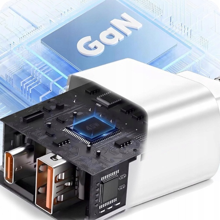 SZYBKA ŁADOWARKA KOSTKA GaN 45W ZASILACZ 2xUSB QC 3.0 PD 3A