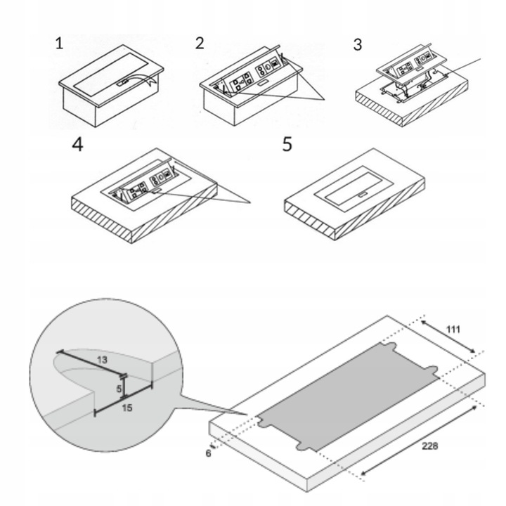 Gniazdo wpuszczane chowane w blat nablatowe USB USB-C STALOWE