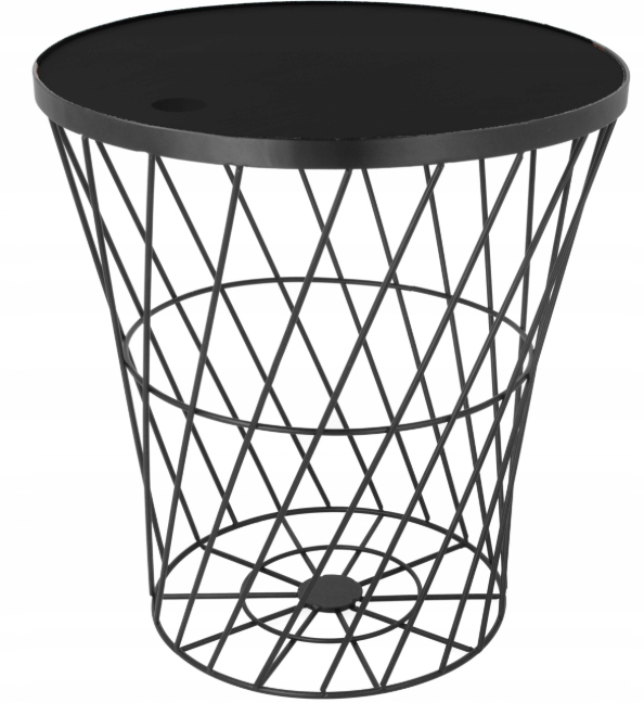 STOLIK KAWOWY METALOWY KOSZ DRUCIANY Z POKRYWĄ OKRĄGŁY CZARNY OZDOBNY