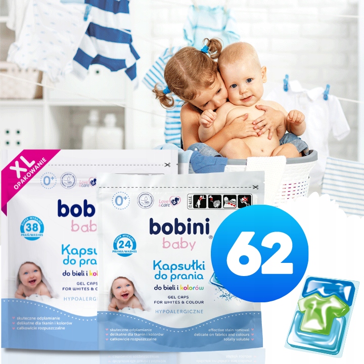 BOBINI Baby Kapsułki do Prania dla Dzieci Hipoalergiczne Białe Kolor 62 szt