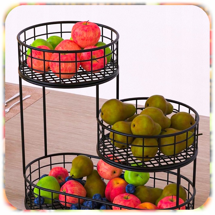 KOSZ NA OWOCE WARZYWA 3 POZIOMOWY METALOWY CZARNY KOSZYK STOJAK
