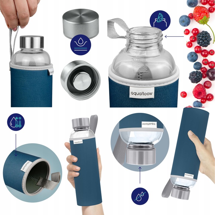 AquaFloow: butelka na wodę szklana 700 ml | etui neopren | szklana butelka