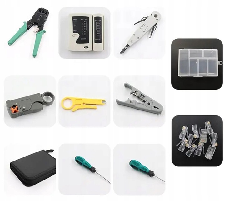 TESTER KABLI SIECIOWYCH WTYK RJ45 ZESTAW NARZĘDZI ŚCIĄGACZ ZACISKARKA LAN3