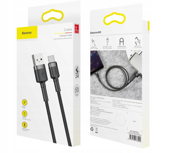 BASEUS MOCNY KABEL USB USB-C TYP-C PRZEWÓD OPLOT QUICK CHARGE 3.0 3A 50CM