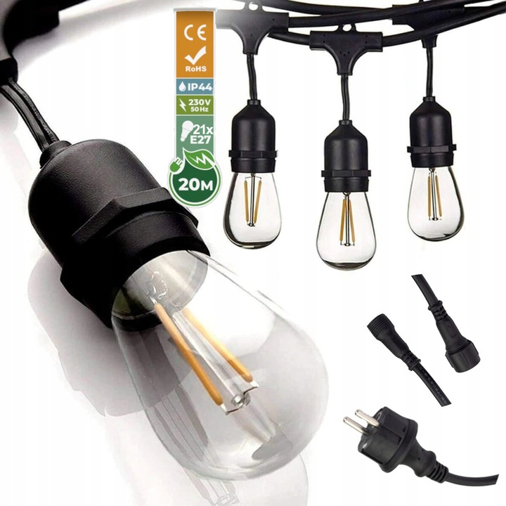 Girlanda Ogrodowa Świetlna 20m+21x Żarówka LED 1W Zewnętrzna Wodoszczelna