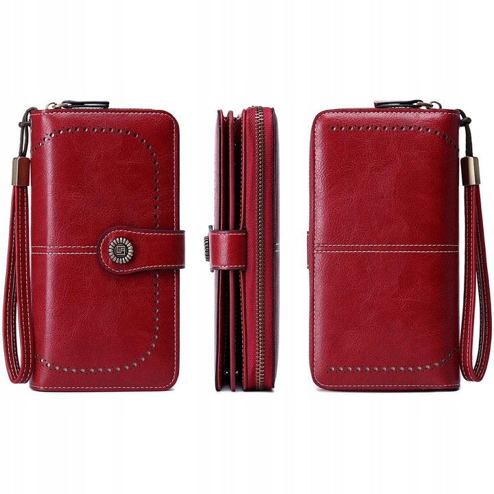 PORTFEL SKÓRZANY DAMSKI CZERWONY RFID ELEGANCKI FUNKCJONALNY POJEMNY