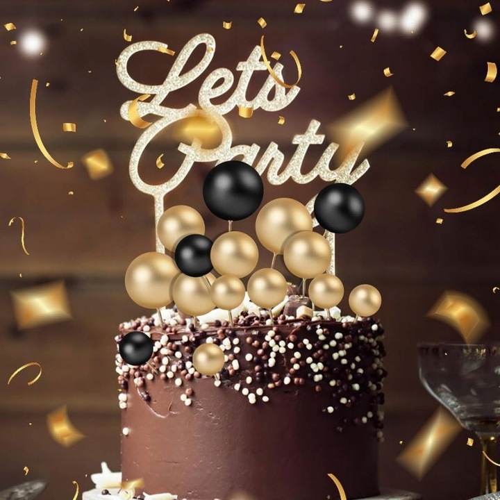 DEKORACJA TOPER TOPPER NA TORT ZŁOTE CZARNE KULE MIX NA PIKU ZESTAW 50 szt