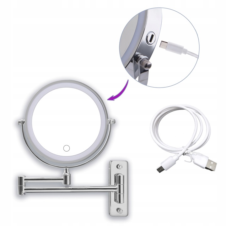 Lusterko kosmetyczne do makijażu podświetlane led obrotowe srebrne