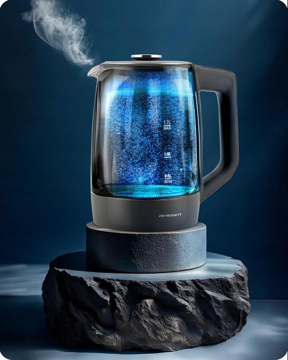 CZAJNIK ELEKTRYCZNY SZKLANY SZARY 2200W PANEL DOTYKOWY 1,7L BERDSEN