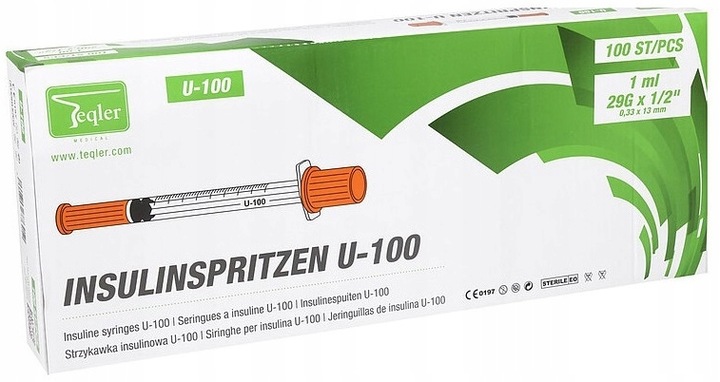 Strzykawki insulinowe insulinówki Teqler U-100 z igłą 1 ml – 100 szt.