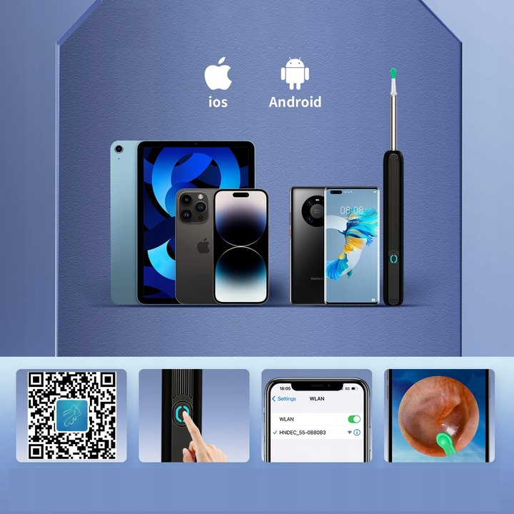 SMART OTOSKOP KAMERA CZYSZCZENIE USZU WOSK WIFI HD APLIKACJA ENDOSKOP