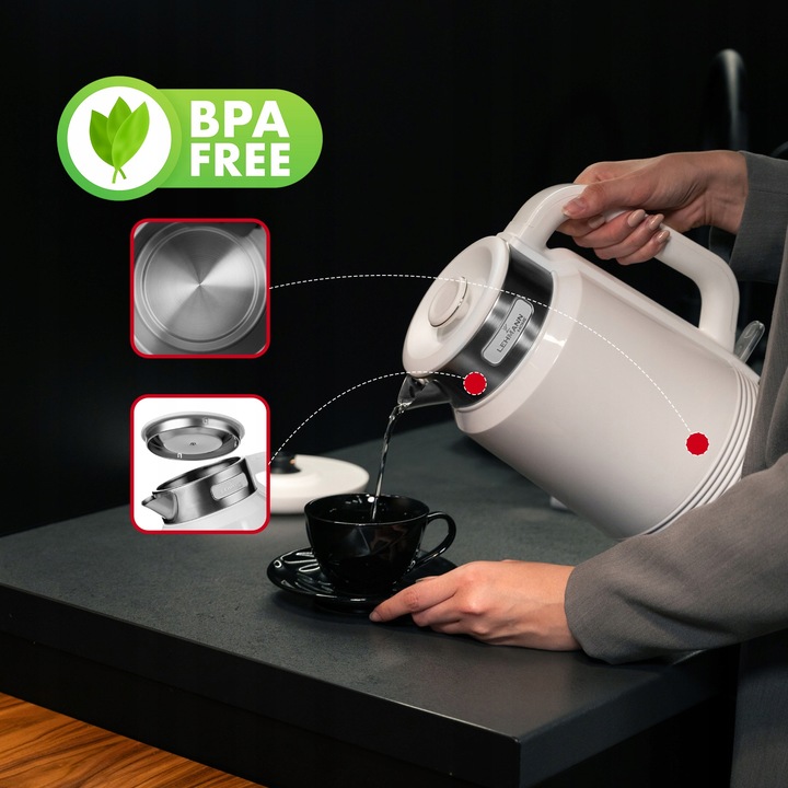CZAJNIK ELEKTRYCZNY BEZPRZEWODOWY 2200W MOCNY BIAŁY STALOWY DUŻY 2,0L