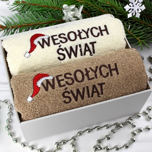 ŚWIĄTECZNY KOMPLET GRUBYCH RĘCZNIKÓW Z HAFTEM NA PREZENT MIKOŁAJ ŚWIĘTA