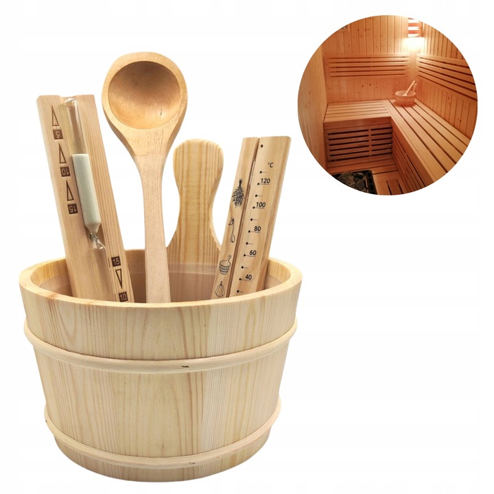 Zestaw Akcesoriów Do Sauny Nr1 Ceber Chochla Termometr Klepsydra