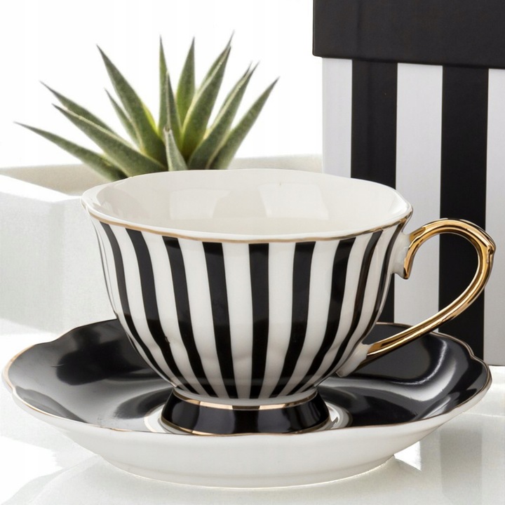 Komplet filiżanek porcelanowych 220 ml 2szt. biało-czarne złote zestaw