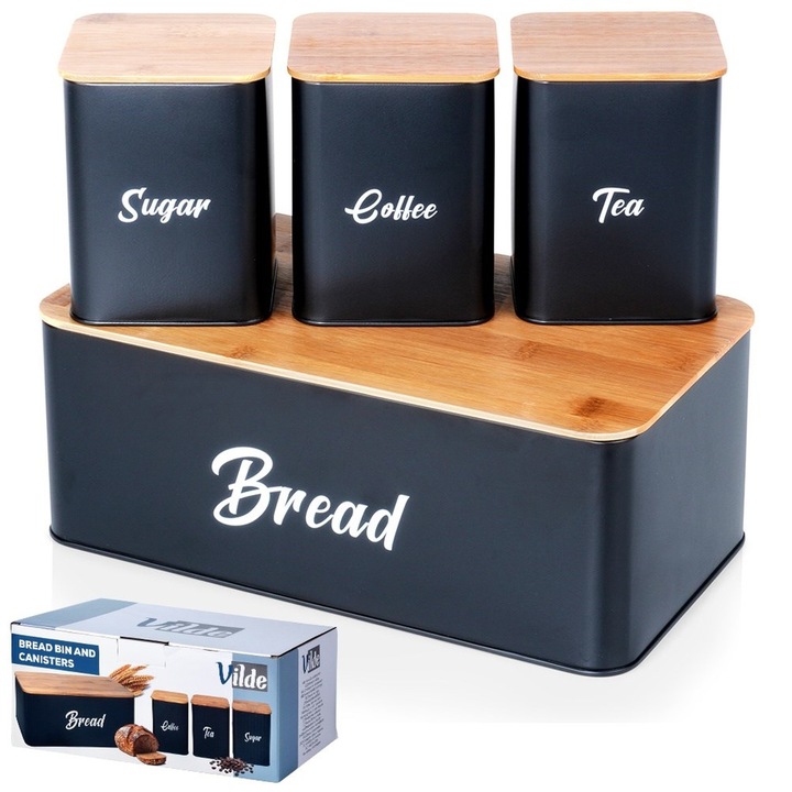 Chlebak CZARNY metalowy bambusowy pojemnik kuchenny na pieczywo chleb