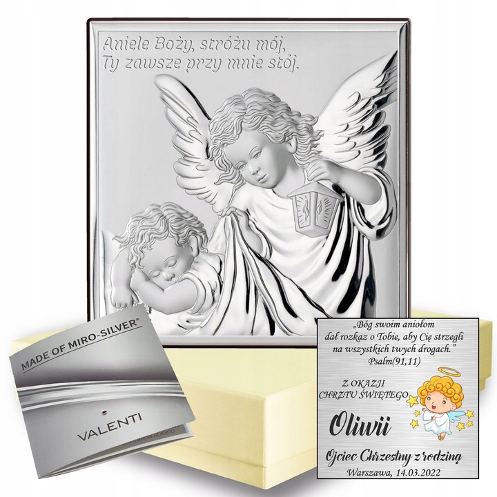 OBRAZEK SREBRNY NA CHRZEST ELEGANCKA UROCZA PAMIĄTKA ANIOŁEK Z GRAWEREM