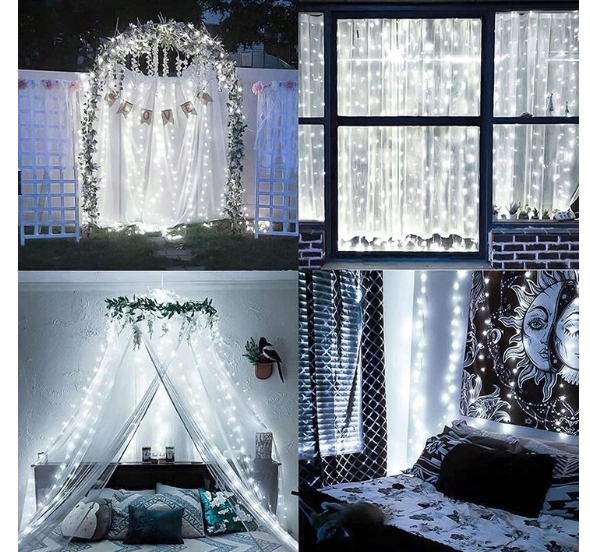 KURTYNA ŚWIETLNA kurtyna LED 2x2 m 200 LED USB pilot+ haczyki BIAŁY ZIMNY