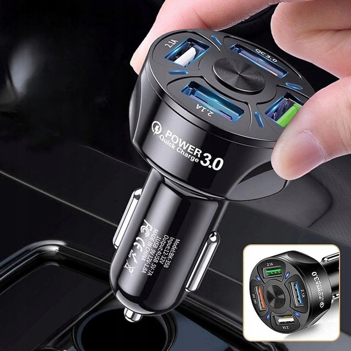 MOCNA SZYBKA ŁADOWARKA SAMOCHODOWA 4x USB PD QC 3.0 DO TELEFONU + KABEL