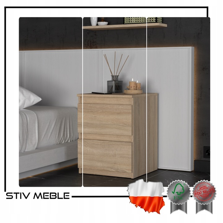 SZAFKA NOCNA DĄB SONOMA 40 CM 2 SZUFLADY DUŻY STOLIK NOCNY NAKASTLIK