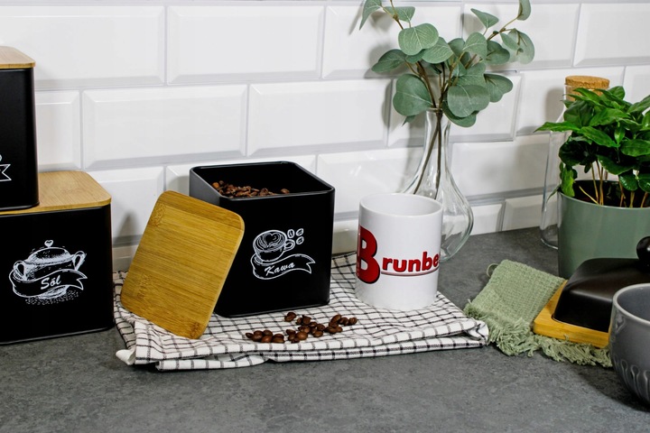 POJEMNIKI KOMPLET KAWA HERBATA CUKIER SÓL CZARNY METALOWY BAMBUS ZESTAW