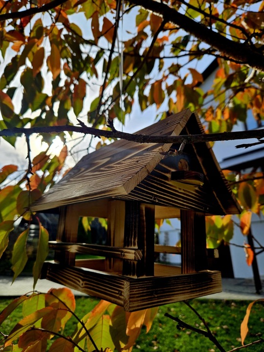 Drewniany KARMNIK XXL DLA PTAKÓW Solidny karmik opalane drewno