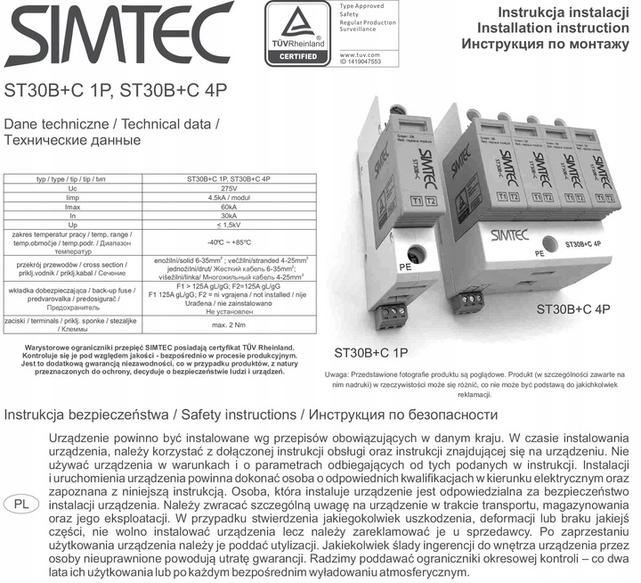 ST30B+C4P OGRANICZNIK PRZEPIĘĆ T1+T2 B+C 4P 4M 30/60KA SIMTEC 85201010