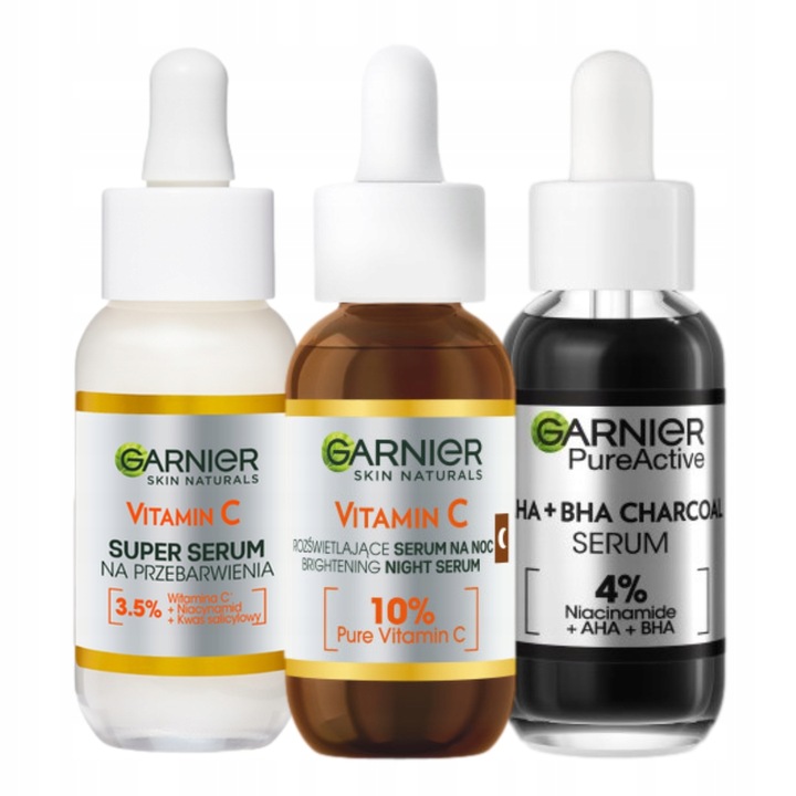 Garnier Serum Do Twarzy Z Witaminą C Zestaw: Dzień, Noc i Z Kwasami AHA BHA