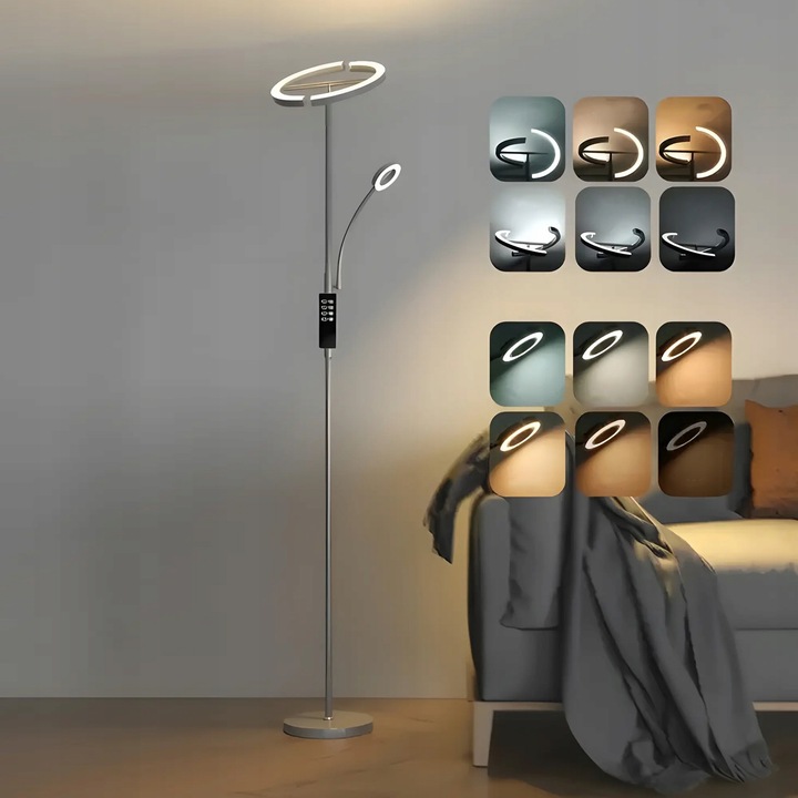 Lampa Stojąca LED Podłogowa Srebrna do Salonu Z Pilotem i Elastyczną