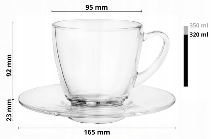 Filiżanki szklane DUŻE Luna 320ml + Spodek komplet 6szt na kawę latte