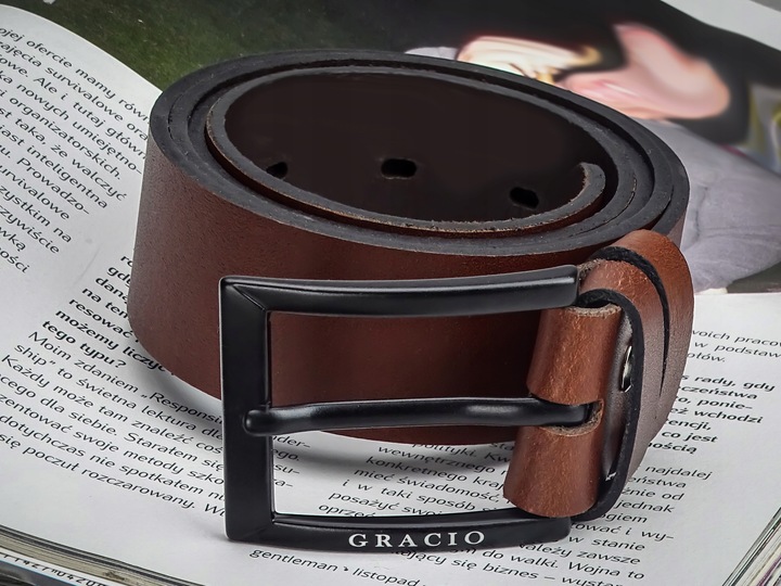 GRACIO meski skorzany PASEK brazowy KLAMRA czarna