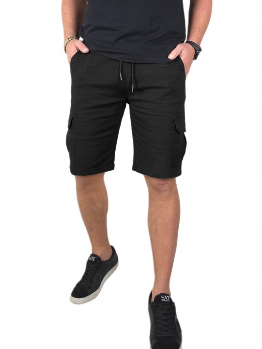 SPODENKI męskie JEANSOWE BOJÓWKI krótkie spodnie PAS z GUMKĄ Czarne r. L