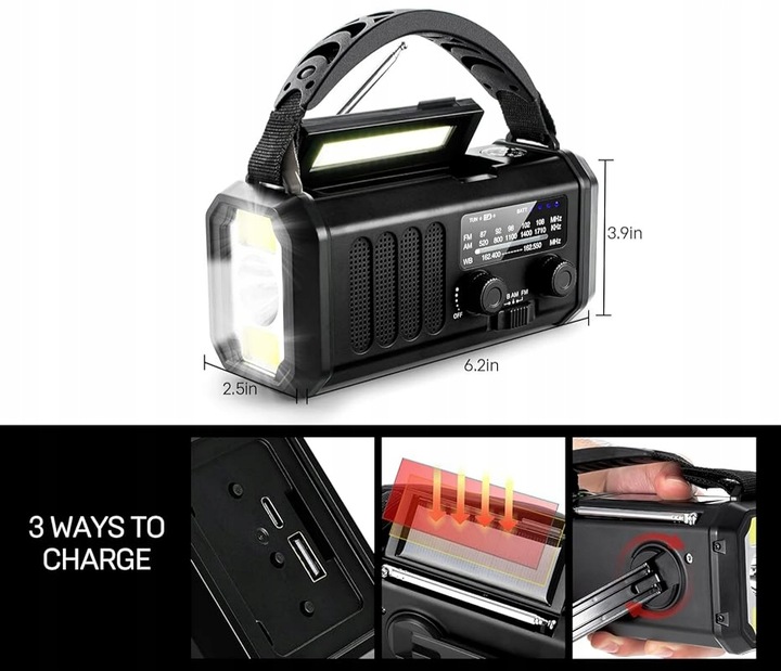 PRZENOŚNE RADIO SOLARNE KORBKA ALARM DYNAMO AWARYJNE LATARKA 10000mAh