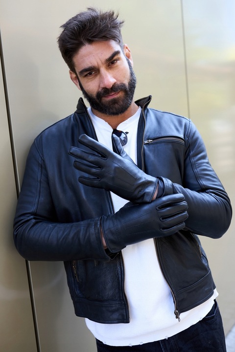 Rękawiczki skórzane męskie klasyczne DOTYKOWE z polarkiem miś