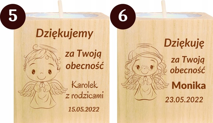 Podziękowanie dla Gości Komunia Chrzest piękny świecznik 10 szt grawer