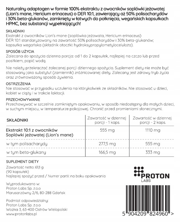 PROTON LABS Lion's Mane 555 mg 90 kaps Soplówka Jeżowata DER 10:1 50% 30%