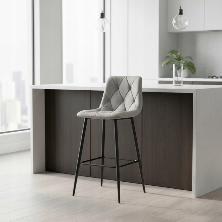 Hoker Krzesło Barowe Wysokie do Wyspy Welurowe Tapicerowane Szare