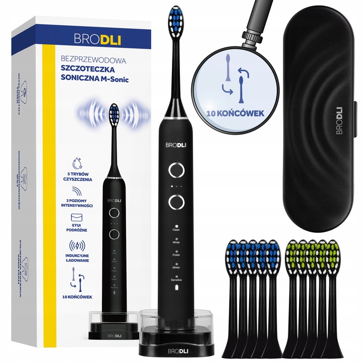 SZCZOTECZKA SONICZNA DO ZĘBÓW ELEKTRYCZNA CZARNA 10 KOŃCÓWEK INDUKCJA