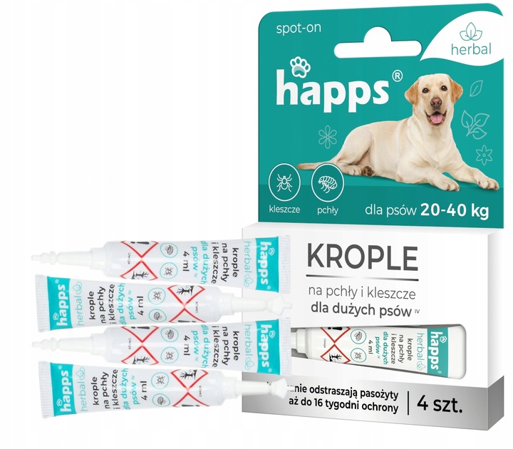 KROPLE NA PCHŁY KLESZCZE DLA DUŻYCH PSÓW (20-40KG) HAPPS DŁUGIE DZIAŁANIE