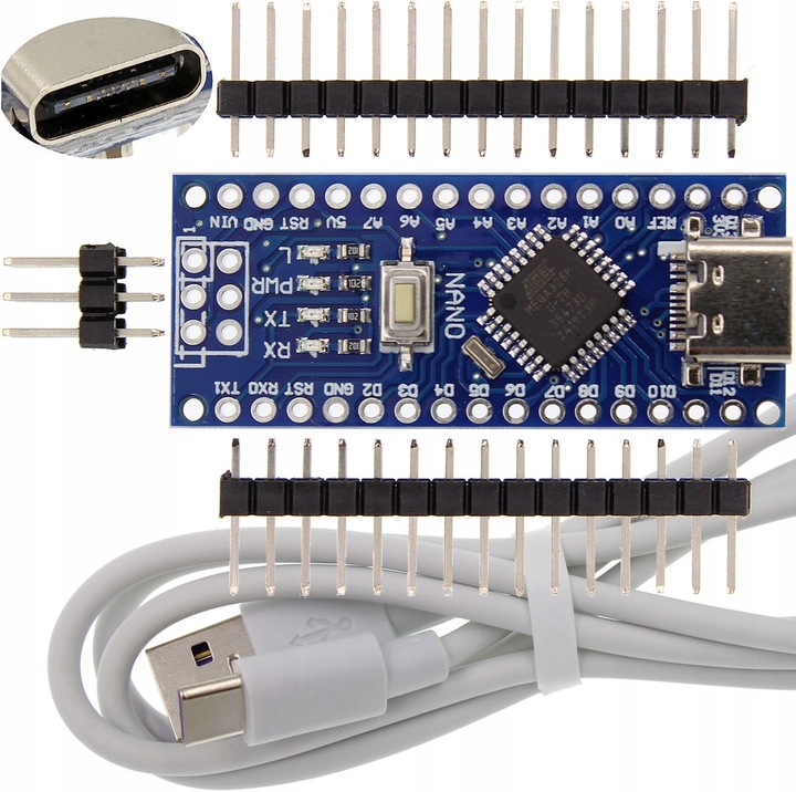 NANO 3.0 ATMEGA328 CH340 Zgodny z Arduino USB-C Niezlutowany + Kabel USB