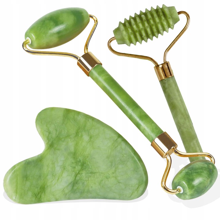 3w1 Masażer do twarzy KAMIEŃ GUA SHA z jadeitu zestaw roller wałek masażu