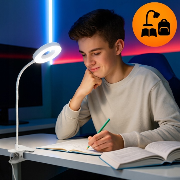 Lampka biurkowa led na biurko dla dzieci z klipsem biała do czytania